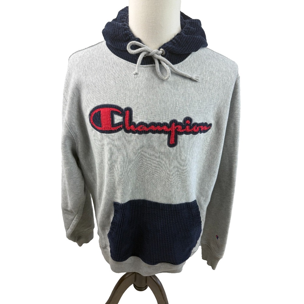 Champion Reverse Weave Hoodie Grey Navy Corduroy‎ Sweatshirt Y2K Mens Large